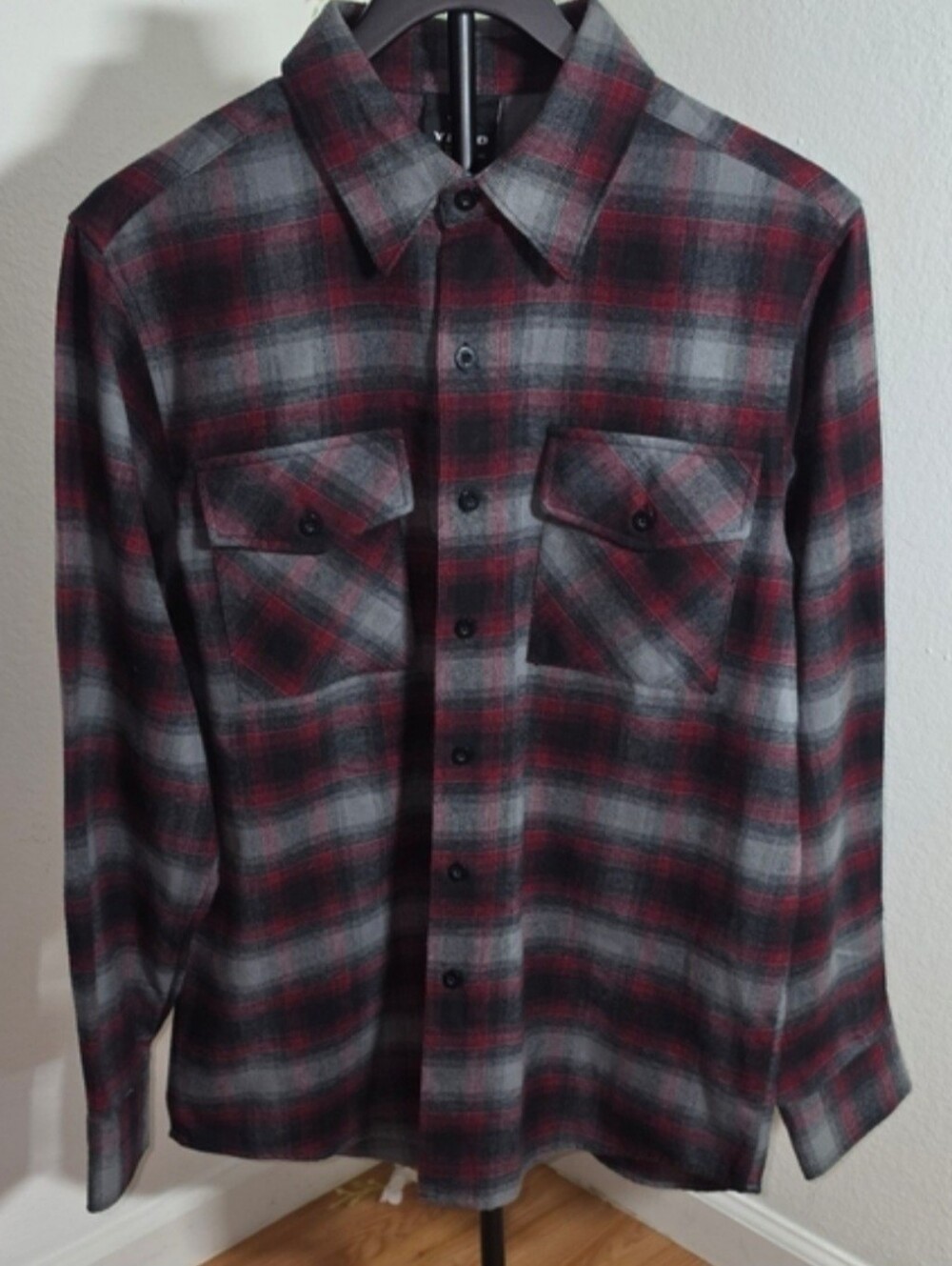 Men's Grey and Red Plaid Button-Down Shirt